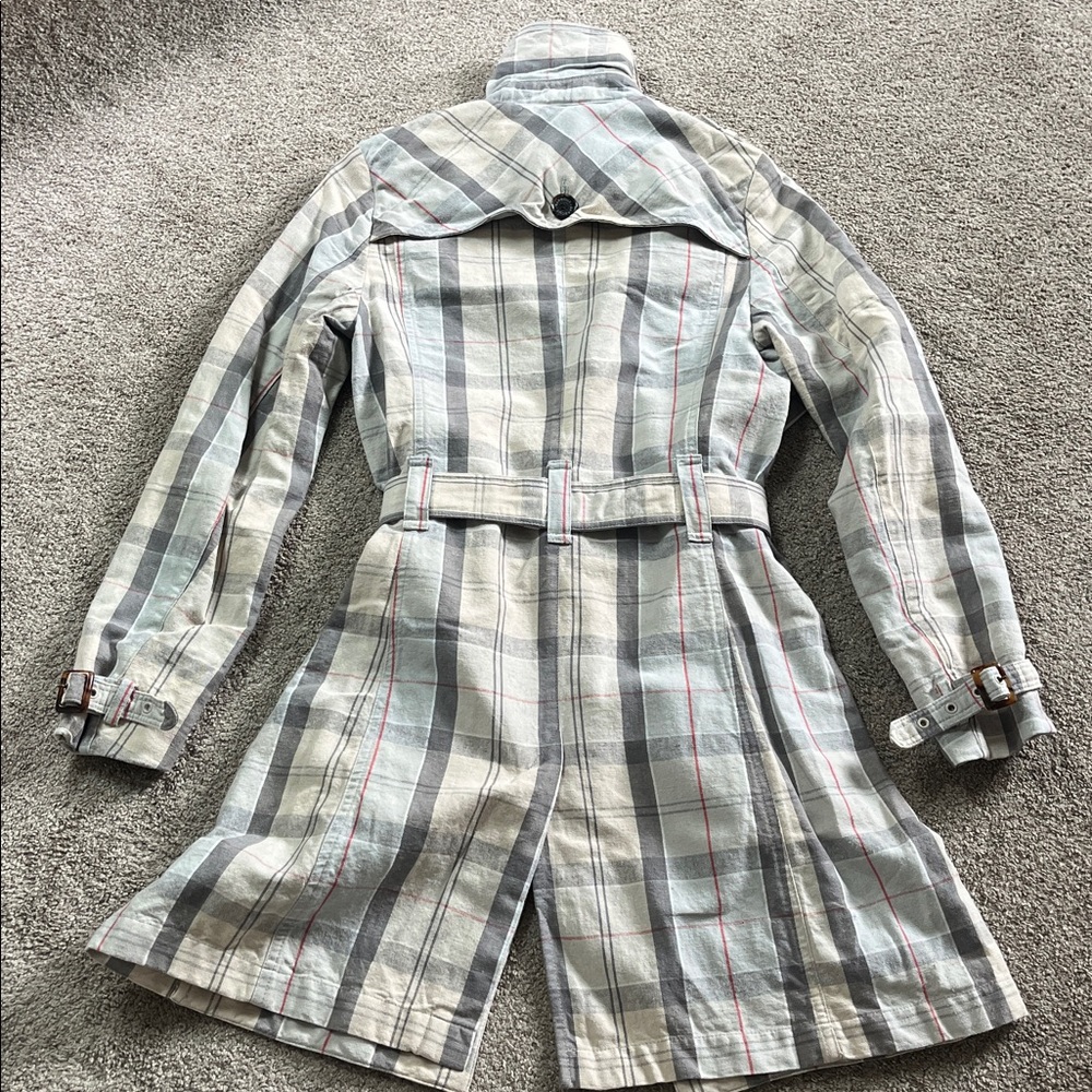 Classic Barbour Pastel Plaid sz4 Cotton Linen Tortoiseshell Hardware Trench EUC - Picture 11 of 16